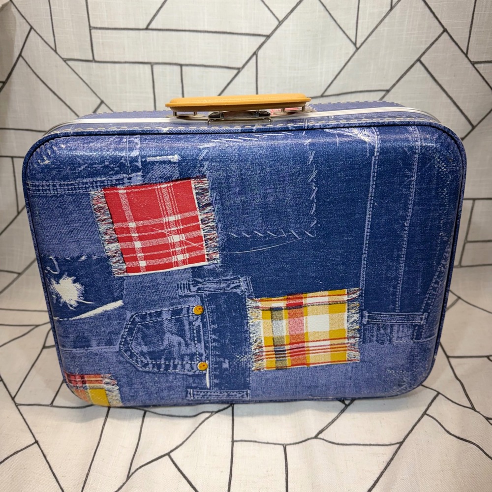 Vintage Hardshell Suitcase 16" Blue Denim Patchwork Plaid Print Retro Luggage